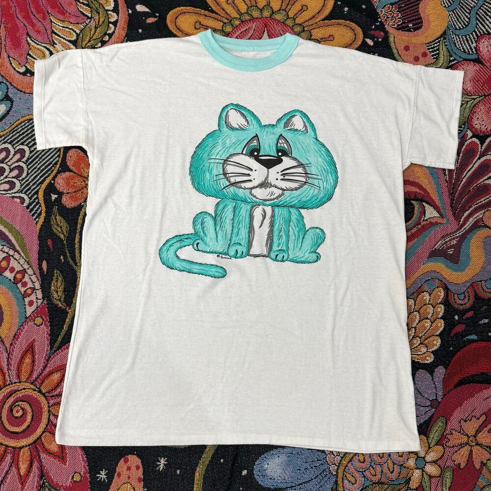 Vintage 70s 80s Single Stitch Cat Graphic Ringer Tee Grunge Novelty Retro XXL